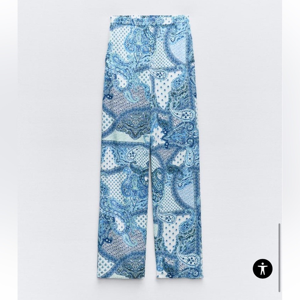 ZARA Paisley Printed Wide Leg Pants Rustic Blue White Boho SIZE M - Picture 2 of 7